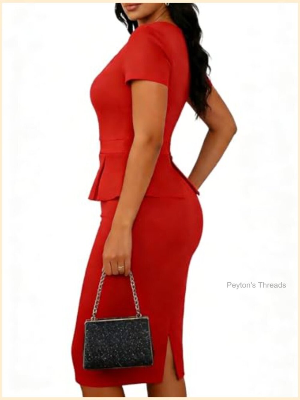 Elegant Midi Pencil Bodycon Dress Short Sleeve Peplum for Work Cocktail Church - Picture 5 of 6